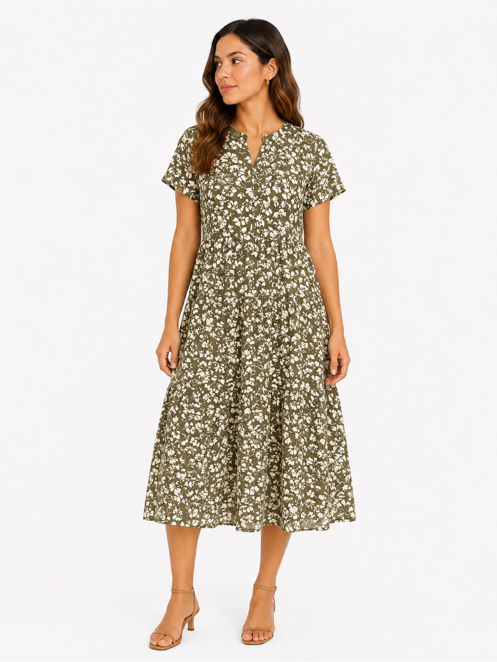 Hurley Olive Green Floral Tiered Midi Dress